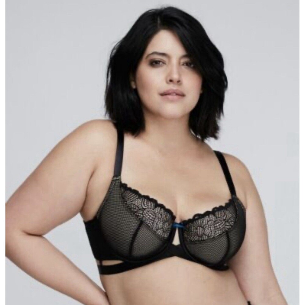 Lane Bryant Cacique Lightly Lined Balconette Bra Black Lace Underwire 44F - Picture 2 of 4